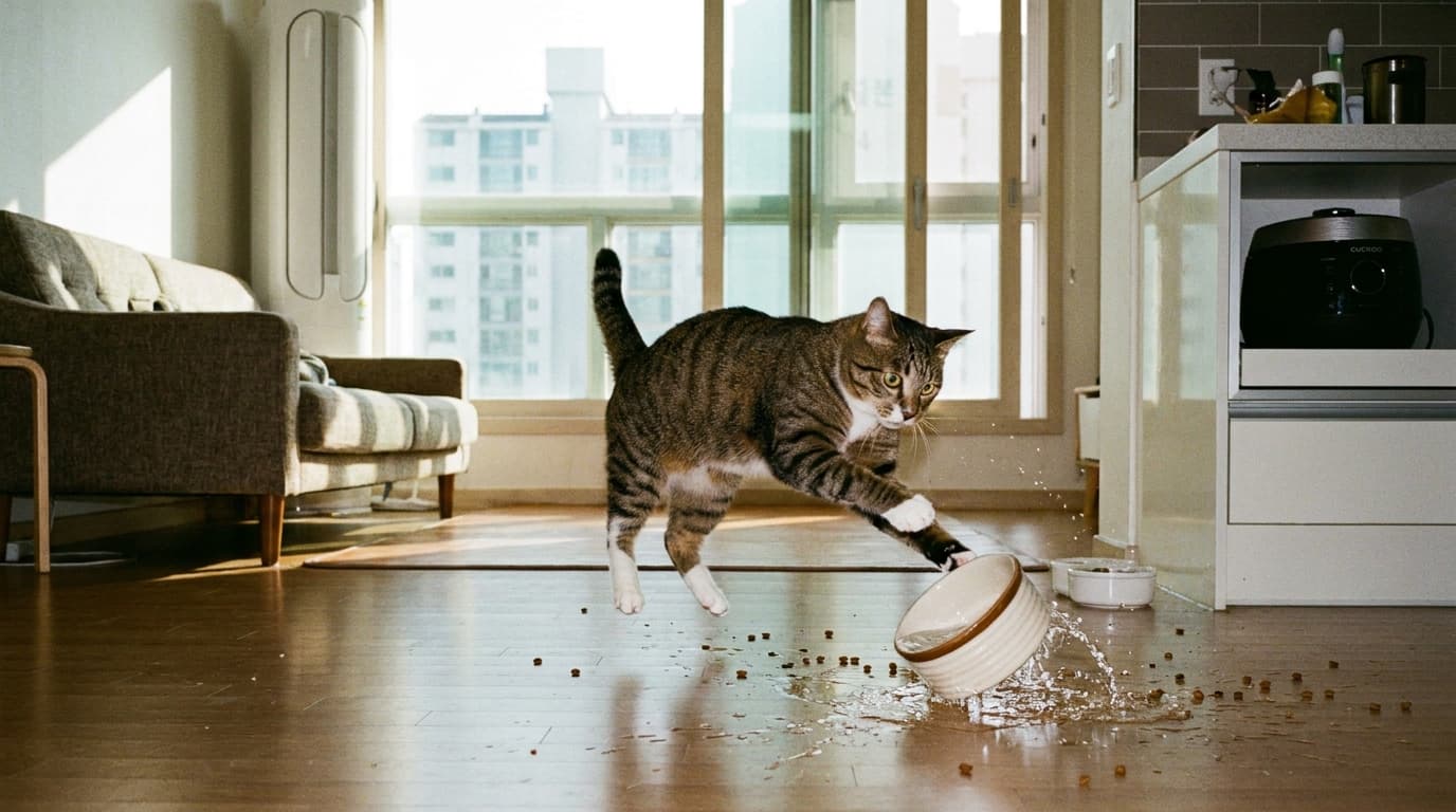 고양이가 갑자기 물그릇을 엎는 이유? 집사의 멘붕을 해결할 안심이의 정밀 분석 보고서